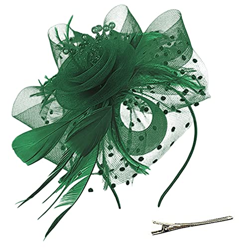 Lazzboy Fascinator Damen Schwarz Hut Blume Mesh Federn Stirnband Tea Party Clip Kopfbedeckung Haarschmuck Für Kirche Hochzeit Frauen Mädchen Haarschmuck Haarbänder (Grün) von Lazzboy