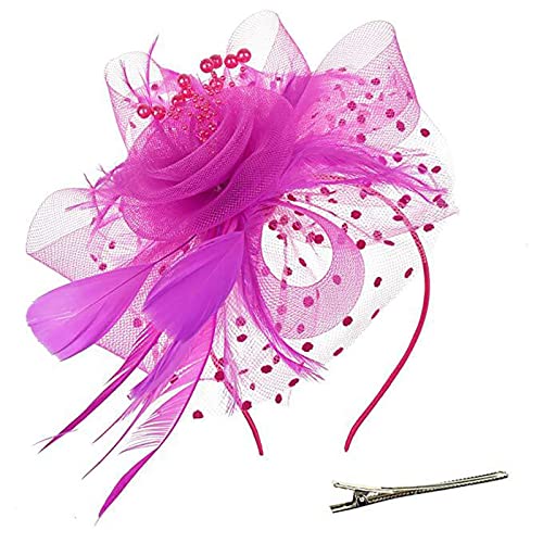 Lazzboy Fascinator Damen Schwarz Hut Blume Mesh Federn Stirnband Tea Party Clip Kopfbedeckung Haarschmuck Für Kirche Hochzeit Frauen Mädchen Haarschmuck Haarbänder (Hot Rosa) von Lazzboy