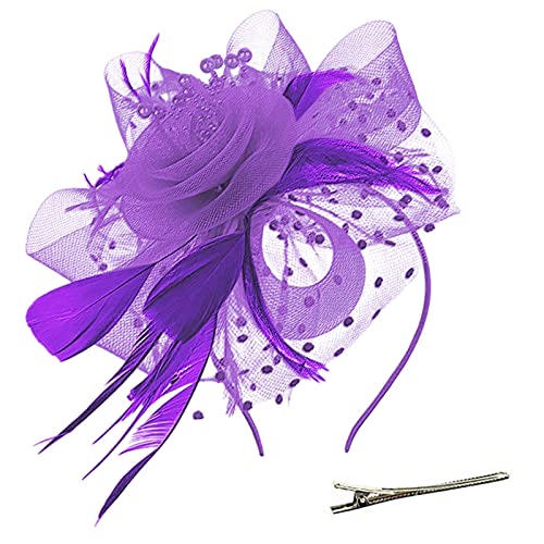 Lazzboy Fascinator Damen Schwarz Hut Blume Mesh Federn Stirnband Tea Party Clip Kopfbedeckung Haarschmuck Für Kirche Hochzeit Frauen Mädchen Haarschmuck Haarbänder (Lila) von Lazzboy