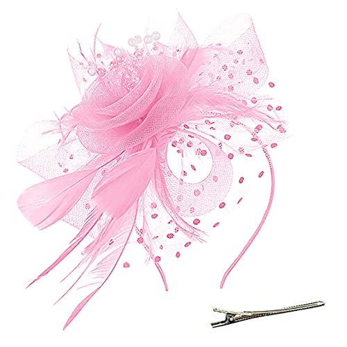 Lazzboy Fascinator Damen Schwarz Hut Blume Mesh Federn Stirnband Tea Party Clip Kopfbedeckung Haarschmuck Für Kirche Hochzeit Frauen Mädchen Haarschmuck Haarbänder (Rosa) von Lazzboy