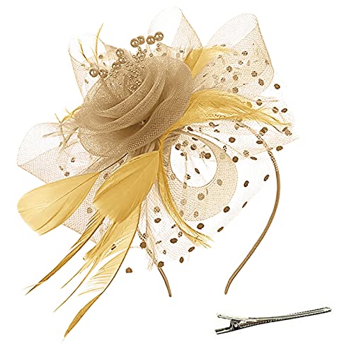 Lazzboy Fascinator Damen Schwarz Hut Blume Mesh Federn Stirnband Tea Party Clip Kopfbedeckung Haarschmuck Für Kirche Hochzeit Frauen Mädchen Haarschmuck Haarbänder (RoséGold) von Lazzboy