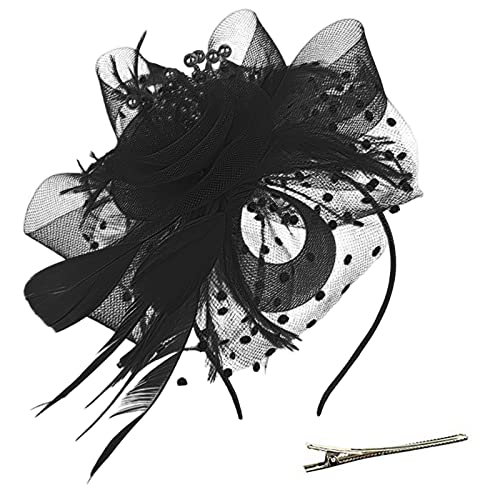 Lazzboy Fascinator Damen Schwarz Hut Blume Mesh Federn Stirnband Tea Party Clip Kopfbedeckung Haarschmuck Für Kirche Hochzeit Frauen Mädchen Haarschmuck Haarbänder (Schwarz) von Lazzboy