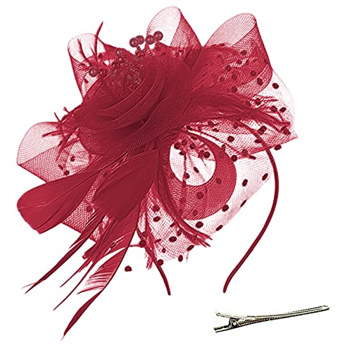 Lazzboy Fascinator Damen Schwarz Hut Blume Mesh Federn Stirnband Tea Party Clip Kopfbedeckung Haarschmuck Für Kirche Hochzeit Frauen Mädchen Haarschmuck Haarbänder (Wassermelonenrot) von Lazzboy