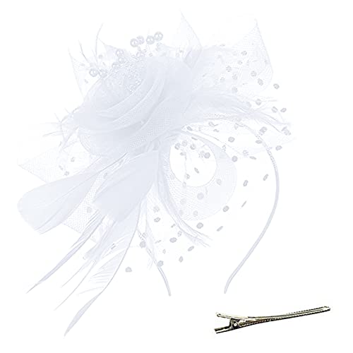 Lazzboy Fascinator Damen Schwarz Hut Blume Mesh Federn Stirnband Tea Party Clip Kopfbedeckung Haarschmuck Für Kirche Hochzeit Frauen Mädchen Haarschmuck Haarbänder (Weiß) von Lazzboy