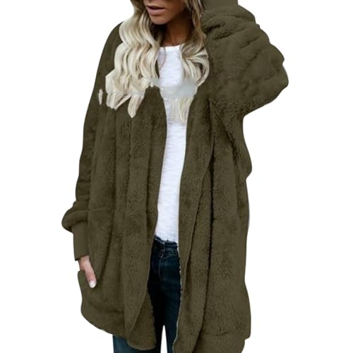 Lazzboy Fleecejacke Damen Lange Dicke Gefüttert Teddyfleece Jacke Mit Kapuze Teddyjacke Flauschig Plüschjacke Reißverschluss Und Taschen Kuscheljacke Winterjacke Cardigan Outwear (Armeegrün,XXL) von Lazzboy