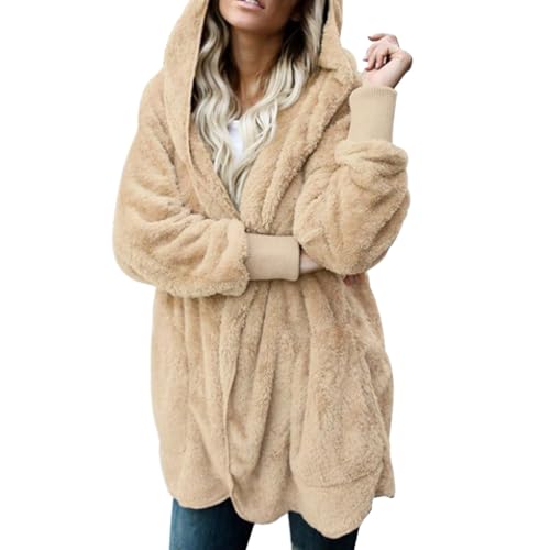 Lazzboy Fleecejacke Damen Lange Dicke Gefüttert Teddyfleece Jacke Mit Kapuze Teddyjacke Flauschig Plüschjacke Reißverschluss Und Taschen Kuscheljacke Winterjacke Cardigan Outwear (Beige,S) von Lazzboy