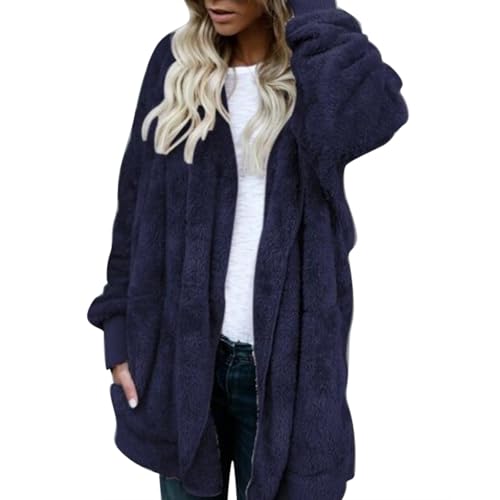Lazzboy Fleecejacke Damen Lange Dicke Gefüttert Teddyfleece Jacke Mit Kapuze Teddyjacke Flauschig Plüschjacke Reißverschluss Und Taschen Kuscheljacke Winterjacke Cardigan Outwear (Blau,S) von Lazzboy