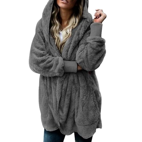 Lazzboy Fleecejacke Damen Lange Dicke Gefüttert Teddyfleece Jacke Mit Kapuze Teddyjacke Flauschig Plüschjacke Reißverschluss Und Taschen Kuscheljacke Winterjacke Cardigan Outwear (Dunkelgrau,S) von Lazzboy