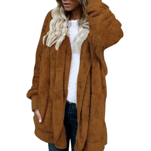 Lazzboy Fleecejacke Damen Lange Dicke Gefüttert Teddyfleece Jacke Mit Kapuze Teddyjacke Flauschig Plüschjacke Reißverschluss Und Taschen Kuscheljacke Winterjacke Cardigan Outwear (Gelb,XL) von Lazzboy