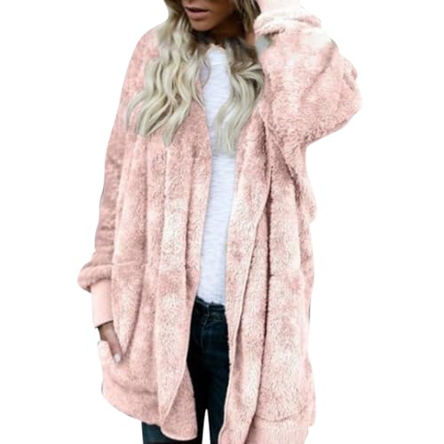 Lazzboy Fleecejacke Damen Lange Dicke Gefüttert Teddyfleece Jacke Mit Kapuze Teddyjacke Flauschig Plüschjacke Reißverschluss Und Taschen Kuscheljacke Winterjacke Cardigan Outwear (Rosa,4XL) von Lazzboy