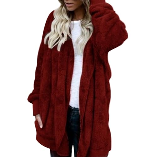 Lazzboy Fleecejacke Damen Lange Dicke Gefüttert Teddyfleece Jacke Mit Kapuze Teddyjacke Flauschig Plüschjacke Reißverschluss Und Taschen Kuscheljacke Winterjacke Cardigan Outwear (Rot,3XL) von Lazzboy