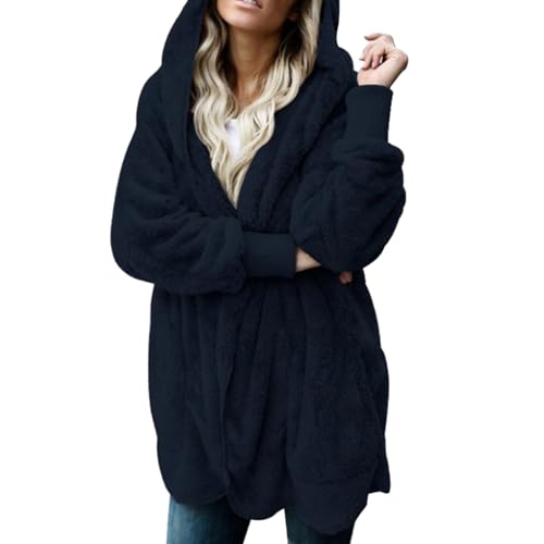 Lazzboy Fleecejacke Damen Lange Dicke Gefüttert Teddyfleece Jacke Mit Kapuze Teddyjacke Flauschig Plüschjacke Reißverschluss Und Taschen Kuscheljacke Winterjacke Cardigan Outwear (Schwarz,5XL) von Lazzboy