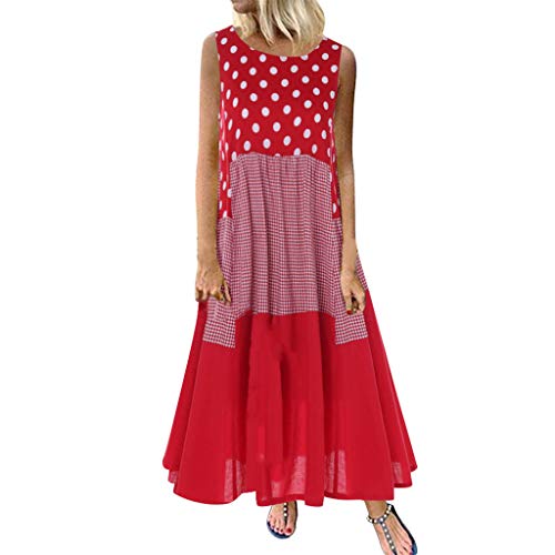 Lazzboy Frauen Bohe Druck Kleid Oansatz Maxi Damen Retro Rockabilly ärmellos Maxikleider Fließende Leicht Sommerkleid Lässige Kleidung Abendkleid Frauenkleid Strand Swing(Rot,XL) von Lazzboy