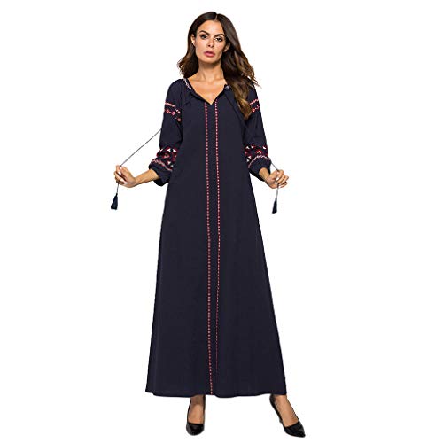 Lazzboy Frauen Langarm Bestickte Arabische Kleid Islam Jilbab Muslimische Damen Herbst Hochzeit Kaftan Robe Tunika Abaya Dubai Abendkleid Muslim Knöchellang Gewand Islamische Kleidung(Schwarz,XL) von Lazzboy