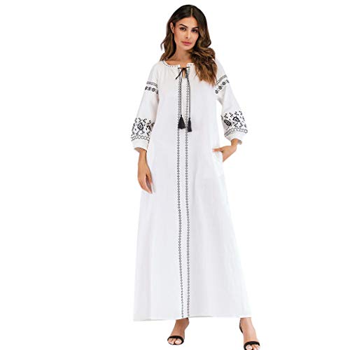 Lazzboy Frauen Langarm Bestickte Arabische Kleid Islam Jilbab Muslimische Damen Herbst Hochzeit Kaftan Robe Tunika Abaya Dubai Abendkleid Muslim Knöchellang Gewand Islamische Kleidung(Weiß,2XL) von Lazzboy