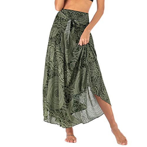 Lazzboy Frauen Langer Hippie Böhmischer Zigeunerboho Blumen Elastischer Taillen Rock Damen Röcke Boho Lang Sommerrock A-Linie Faltenrock Maxi Strandrock(Grün,M) von Lazzboy