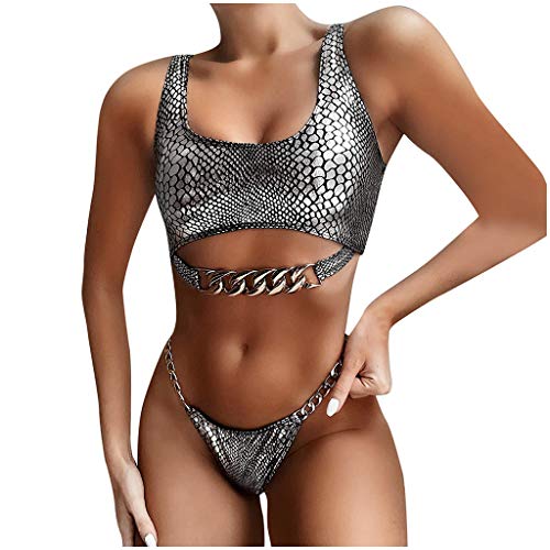 Lazzboy Frauen Leopard Gedruckt Bikini Push-up Gepolsterte Bademode Badeanzug Set Damen Bandage Gepolstert Halter Bandeau Mit Elastischem Verband(Silber,M) von Lazzboy