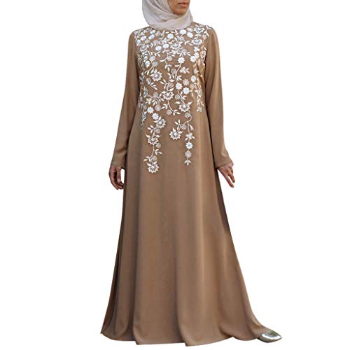 Lazzboy Frauen Muslim Abaya Kleid Blumenmuster Vintage Kaftan Maxikleider Muslimische Langarm Stickerei Knöchellang Tunika Dubai Damen Abendkleid Hochzeit Maxikleid(Khaki,M) von Lazzboy