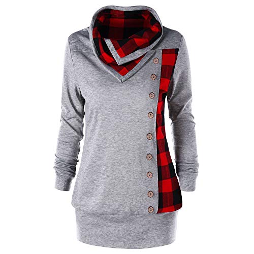 Lazzboy Frauen Plus Größen Plaid Volant Oberseiten Tunika Kariertes Panel Schatz Ansatz T-Shirt Damen Langarm Asymmetrisch Karo Top(Grau,5XL) von Lazzboy