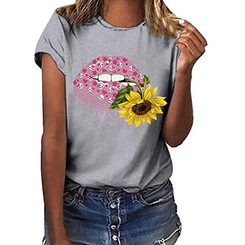 Lazzboy Frauen Plus Size Print Kurzarm T-Shirt Bluse Tops Damen Kurzarm, Frashing Lose Knopfleiste Rundhals Tunika Tailliertes Basic Sommer Größe Lippen Geste Beiläufige O Neck(Grau,3XL) von Lazzboy