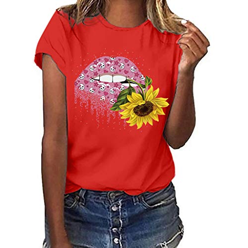 Lazzboy Frauen Plus Size Print Kurzarm T-Shirt Bluse Tops Damen Kurzarm, Frashing Lose Knopfleiste Rundhals Tunika Tailliertes Basic Sommer Größe Lippen Geste Beiläufige O Neck(Rot,2XL) von Lazzboy