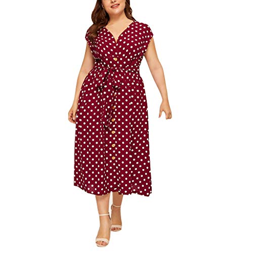 Lazzboy Frauen Plus Size V-Ausschnitt ärmellose Polka Dot Printed Button Belt Dress Damen Kleider V Ausschnitt Punkte Sommerkleid Rüschen Kurzarm Minikleid Strandkleid Gürtel(Rot,5XL) von Lazzboy