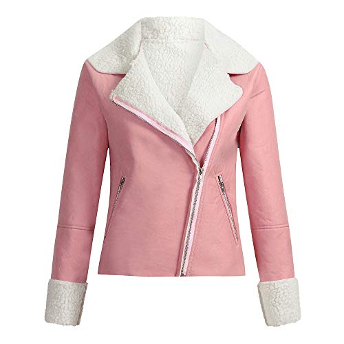 Lazzboy Frauen Revers Wildleder Schnalle Pilot Jacke Faux Lamm Motorradjacken Herbst Winter Retro Langarm Dicke Umkippen Jacken Lange Hülsen Mantel(Rosa,M) von Lazzboy