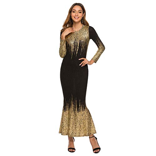 Lazzboy Frauen Rundhals Langarm Gold Silber Farbe Gedruckt Abendkleid Damen Kleid Schulterfreies Cocktailkleid Glänzend Und Hoch Geschnitten Brautjungfernkleider(Gold,XL) von Lazzboy