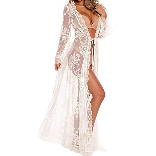 Lazzboy Frauen Sexy Lange Kleid Schiere Durchsichtig Dessous Cardigan Spitze Nachtwäsche Damen Kimono Transparent Morgenmantel Langes Strandkleid Mit Gürtel(Weiß,M) von Lazzboy