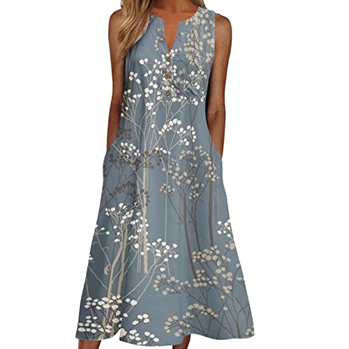 Lazzboy Frauen Tägliches Beiläufiges V-Ansatz Sleeveless Boho Blumensundress Maxi Kleid Damen Lange Kleider Sommerkleid Tops Vintage Oansatz Plus Größe Taschen Dress(Marine,2XL) von Lazzboy