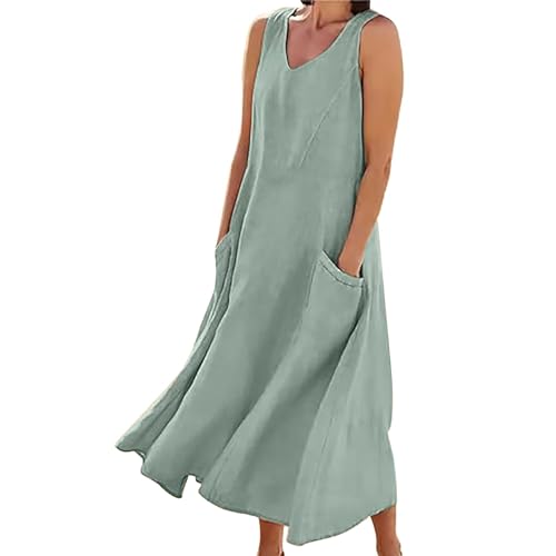 Lazzboy Frauen Tägliches Beiläufiges V-Ansatz Sleeveless Boho Blumensundress Maxi Kleid Damen Lange Kleider Sommerkleid Tops Vintage Oansatz Plus Größe Taschen Dress (O-Grün,4XL) von Lazzboy