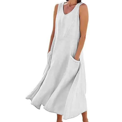 Lazzboy Frauen Tägliches Beiläufiges V-Ansatz Sleeveless Boho Blumensundress Maxi Kleid Damen Lange Kleider Sommerkleid Tops Vintage Oansatz Plus Größe Taschen Dress (Weiß,5XL) von Lazzboy