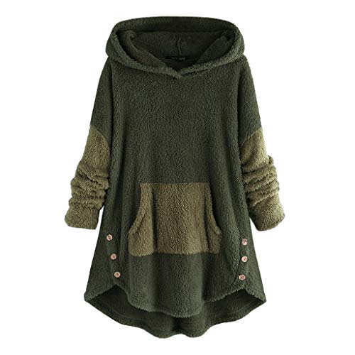 Lazzboy Frauen Vlies Knopf Rand Plus Größen Hoodie Spitzenstrickjacke Bluse Damen Pullover Kapuzenpullover Mantel Fell Sweatshirt(Grün,XL) von Lazzboy
