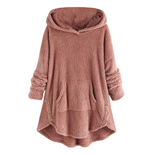 Lazzboy Frauen Vlies Knopf Rand Plus Größen Hoodie Spitzenstrickjacke Bluse Damen Wärme Pullover Flauschige Kapuzenpullover Mantel Fleece Fell Sweatshirt Parka(Rosa,M) von Lazzboy