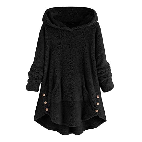 Lazzboy Frauen Vlies Knopf Rand Plus Größen Hoodie Spitzenstrickjacke Bluse Damen Wärme Pullover Flauschige Kapuzenpullover Mantel Fleece Fell Sweatshirt Parka(Schwarz,5XL) von Lazzboy