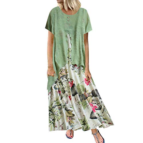 Lazzboy Frauen Weinlese Druck Patchwork Oansatz Kurzschluss Hülsen Plus Größen Maxi Kleid Kleider Damen Leinenkleid Sommerkleider Lang Strandkleid Kurzarm Lose Boho Vintage(Grün,2XL) von Lazzboy