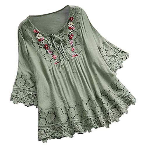 Lazzboy Frauen Weinlese Spitze Patchwork Bogen V-Ausschnitt DREI Viertel Blusen Top T-Shirt Damen Bohemian Stickerei Floral Tunika Shirt Bluse(Grün,2XL) von Lazzboy