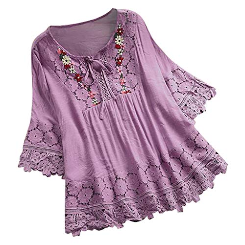 Lazzboy Frauen Weinlese Spitze Patchwork Bogen V-Ausschnitt DREI Viertel Blusen Top T-Shirt Damen Bohemian Stickerei Floral Tunika Shirt Bluse(Violett,2XL) von Lazzboy