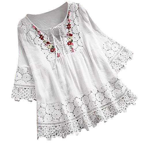 Lazzboy Frauen Weinlese Spitze Patchwork Bogen V-Ausschnitt DREI Viertel Blusen Top T-Shirt Damen Bohemian Stickerei Floral Tunika Shirt Bluse(Weiß,2XL) von Lazzboy