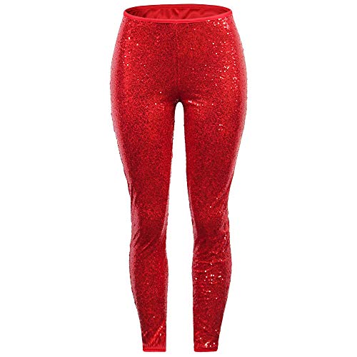 Lazzboy Frauen Plus Größe glänzende Pailletten-dünne Gamaschen-Hosen-Damen-reizvolle Clubwear-Hose(L,Rot) von Lazzboy