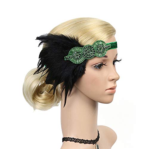 Lazzboy Haarschmuck Damen Karneval Kostüm Burlesque Outfit Kopfschmuck 20er Jahre Haarband Stirnband Kostüm Accessoires Flapper Feder Schwarz (Grün) von Lazzboy