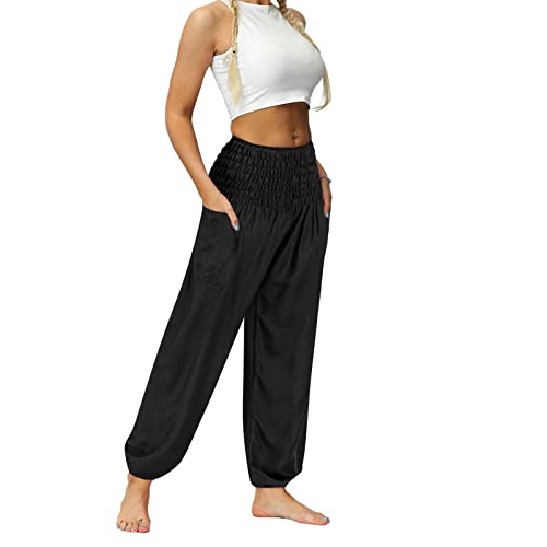 Lazzboy Haremshose Damen Jogginghose Hose Mit Weitem Bein Für Frauen Papiertüte Hoch Taillierte Kordelzughose Sommer Lockere High Waist Elastische Taille Palazzo Taschen (Schwarz,XXL) von Lazzboy