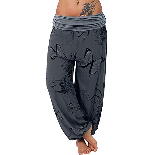 Lazzboy Haremshose Pumphose Frauen Print Pants Wide Leg Loose Damen Hosen Bedrucken Sommerhose Yogahose Aladinhose(Grau,3XL) von Lazzboy