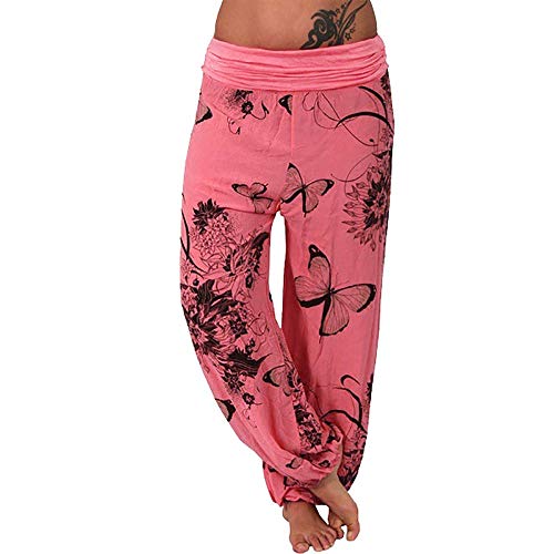 Lazzboy Haremshose Pumphose Frauen Print Pants Wide Leg Loose Damen Hosen Bedrucken Sommerhose Yogahose Aladinhose(Pink,4XL) von Lazzboy