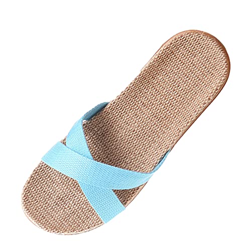 Lazzboy Hausschuhe Damen Sommer Pantoffeln Leinen Hausschlappen Slipper Flachs Schuhe Indoor Atmungsaktiv rutschfest Rattan Hallenschuhe Duschlatschen Sauna Badeschlappen Pantoletten (Blau,37) von Lazzboy