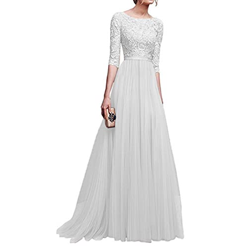 Lazzboy Hochzeitskleider Damen Kleid Festlich Frauen Kurzarm Partykleid Spitzenkleider Hochzeit Abendkleider Elegant 3/4 ärmel Langes Plissee Maxikleider Cocktail Party Ballkleider (Weiß,M) von Lazzboy