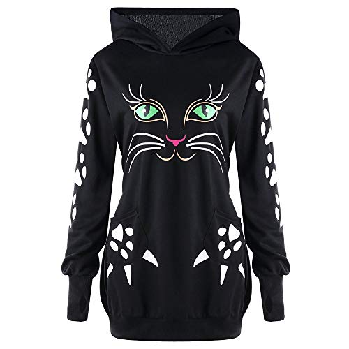 Lazzboy Hoodie Damen Kapuzenpullover Pullover Sweatshirt mit Kapuze Katze Drucken Bluse Oberteile Tops Tunika(Schwarz,36) von Lazzboy