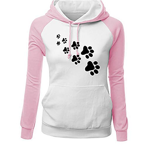 Lazzboy Hoodies Damen Kapuzenpullover Sweatshirt Mit Kapuze Hund Fußabdrücke Kapuzenpullis Kapuzenshirt Sweatshirtjacke Bluse(Rosa,36) von Lazzboy