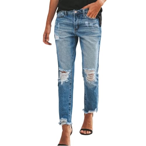 Lazzboy Jeans Damen 7/8 Jeanshose Mit Taschen Destroyed Straight Leg Zerrissene Mit Löchern Comfy Casual Rise Jeanshosen Damenjeans Vintage Boyfriend Denimhose Outdoor Streetwear (Dunkelblau,L) von Lazzboy
