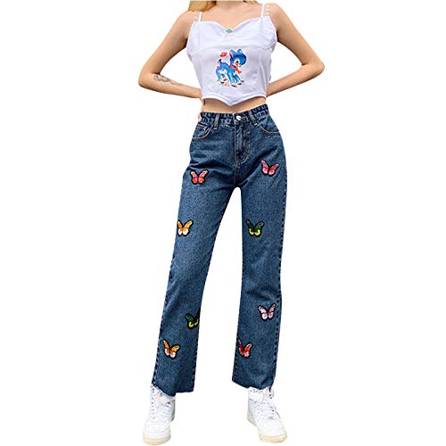 Lazzboy Jeans Damen High Waist Schmetterlingsdruck Frauen Schmetterling Bestickte Jungfrau Style Hohe Taille Und Schlanke Gerade Pants Weitbein Streetwear Loose Baggy Hose (Blau,L) von Lazzboy